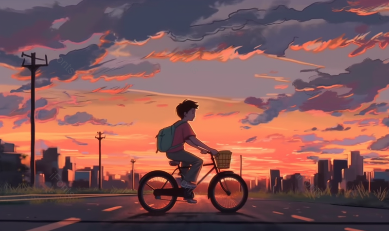 夕阳下城市路边骑自行车的男孩手绘插画背景图,插画/手绘图,插画/手绘图库,插画/手绘图下载,插画/手绘
